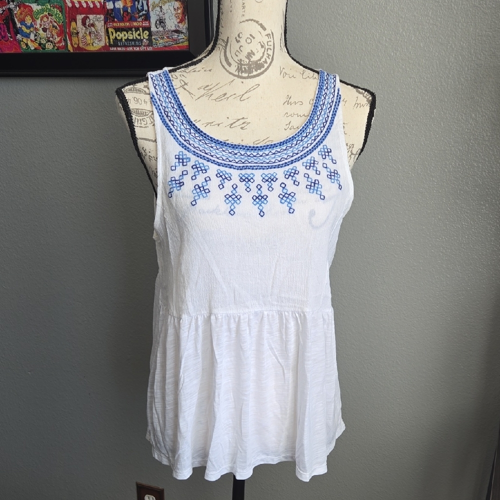 Embroidered White and Blue Women's Top